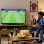Engaged viewers enjoying a kora live football match in a cozy setting.
