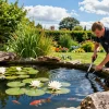 Pond Clean Surrey service technician restoring a residential pond with professional equipment amidst a vibrant garden.