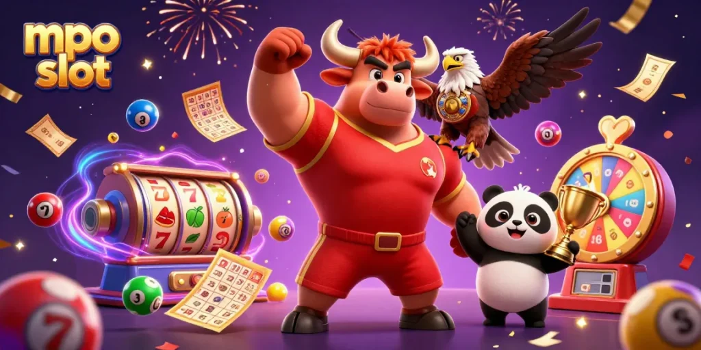 Win with mpo slot at this vibrant casino scene featuring a bull, eagle, and panda celebrating!