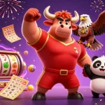 Win with mpo slot at this vibrant casino scene featuring a bull, eagle, and panda celebrating!