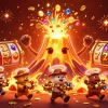 Toto123 link alternatif showcases a dynamic scene of a golden volcano erupting with coins and gems, representing jackpot excitement in gambling.