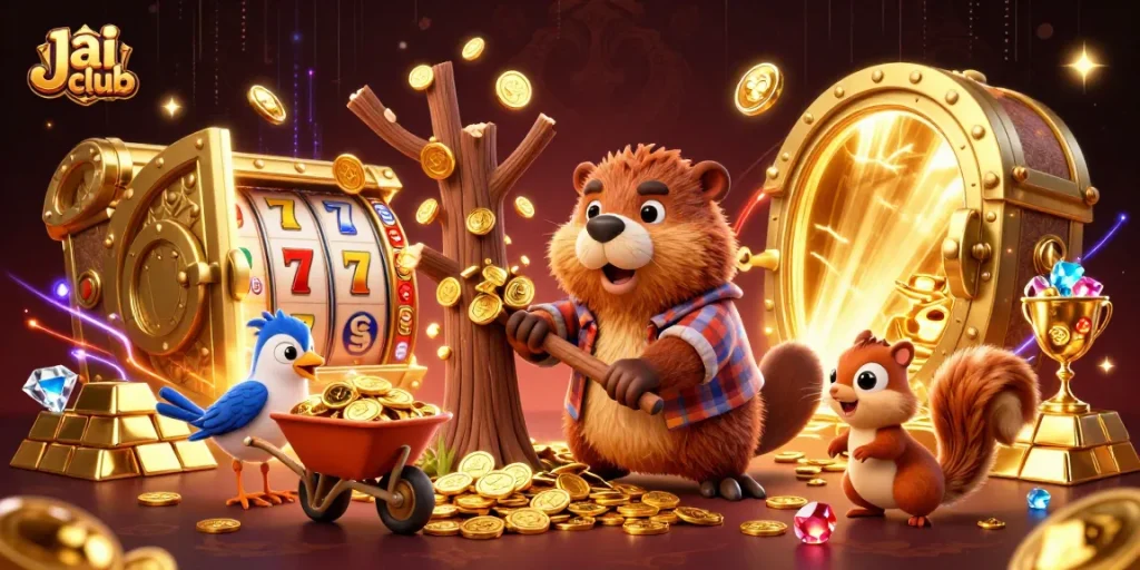 Engage in thrilling games like Jai club, with a lively scene of beaver collecting coins and slot elements.