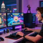 Gamer engaging with Spaceman88 slot game on multiple monitors in a vibrant gaming setup
