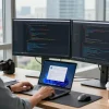 Developer coding telegram中文版 interface in a modern tech workspace.