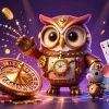 Toto 4D immersive illustration showcasing a whimsical casino scene with a steampunk owl and vibrant gaming elements.