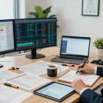 Asset tracing analysis in a professional office with documents and dual monitors.