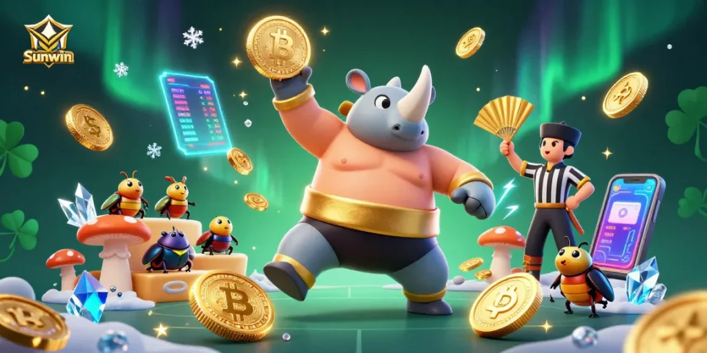 Experience winning moments at Sunwin with a vibrant 3D casino scene featuring unique characters and crypto elements.