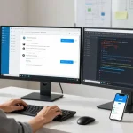 Developer using the telegram中文版 app on dual monitors in a modern workspace.