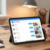 Engaging with the 纸飞机中文版 app in a modern home office setting, showcasing digital communication.