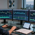 Trader analyzing MT4 charts in a modern forex trading workspace with multiple monitors, showcasing financial data.