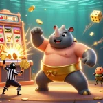 Join the excitement of online casinos with a vibrant scene featuring dynamic characters and flying coins.