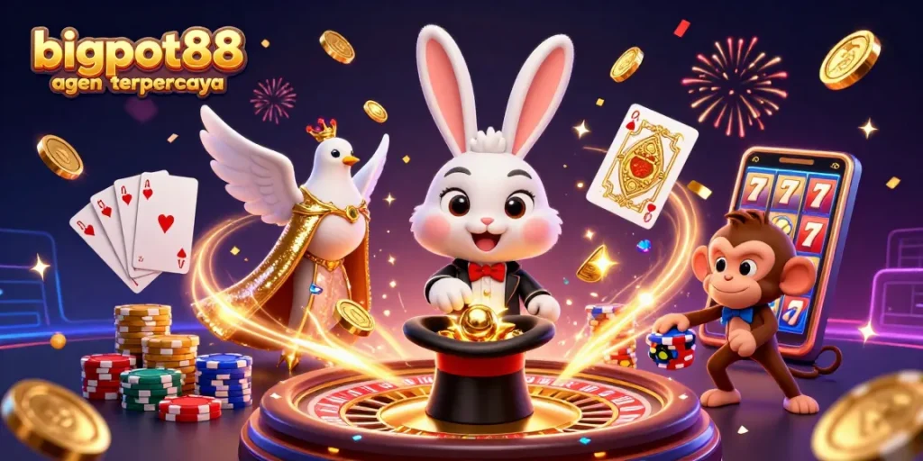 Experience the excitement of bigpot88 agen terpercaya with a thrilling casino scene featuring a magician, dove, and monkey!