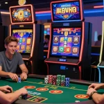 Players enjoying diverse gaming experiences at casinos not on gamstop, featuring colorful slot machines and digital currency icons.
