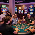 Exciting gaming atmosphere at a credit card casino, showcasing diverse players enjoying vibrant slot machines and tables.