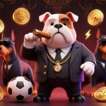Bet confidently with judi bola online, featuring a cartoon mafia boss and security amidst sports betting elements.