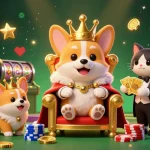 Engage with luck8's vibrant casino scene featuring a royal corgi with a throne of poker chips.