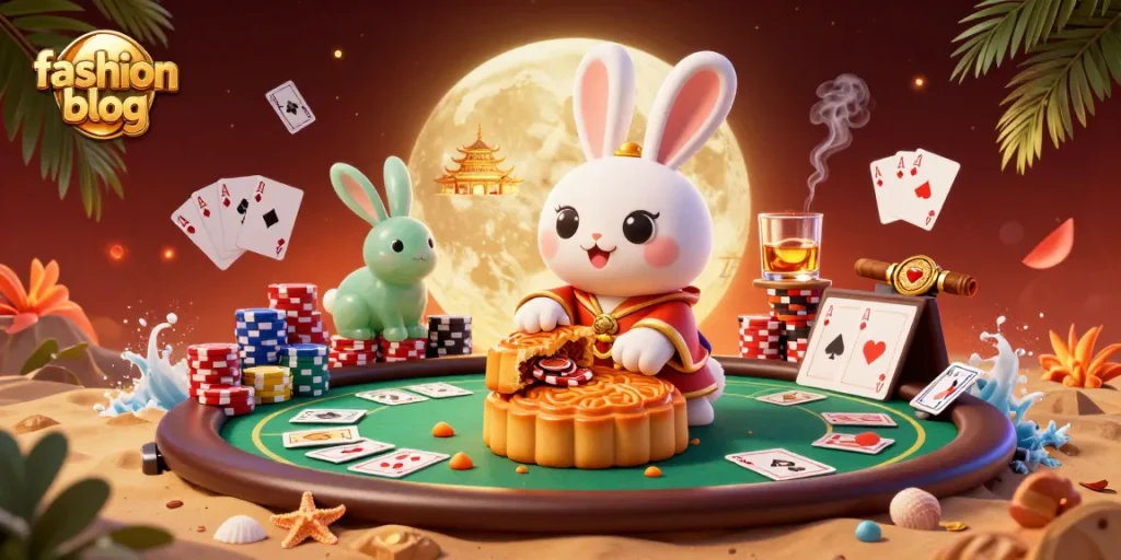 Experience a vibrant fashion blog scene with a moon rabbit and poker elements bringing gaming excitement.