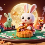 Experience a vibrant fashion blog scene with a moon rabbit and poker elements bringing gaming excitement.