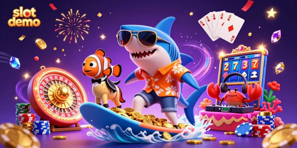 Experience thrilling slot demo action with a playful shark and sparkling casino elements.