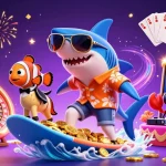 Experience thrilling slot demo action with a playful shark and sparkling casino elements.