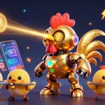 Engage in shbet casino games with the futuristic golden rooster robot leading energetic baby chick drones.