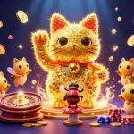 Experience LUCKY77 with a vibrant 3D casino scene featuring a lucky cat and dazzling game elements.