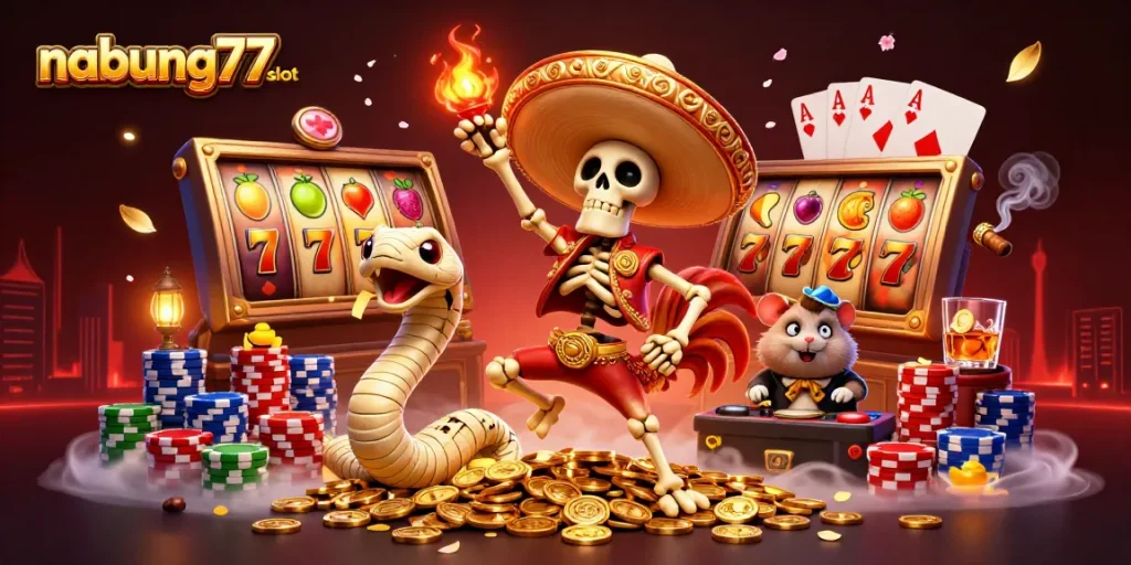 Celebrate winnings with nabung77 slot, featuring a festive scene of characters dancing amid vibrant slot reels and poker elements.