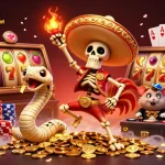 Celebrate winnings with nabung77 slot, featuring a festive scene of characters dancing amid vibrant slot reels and poker elements.