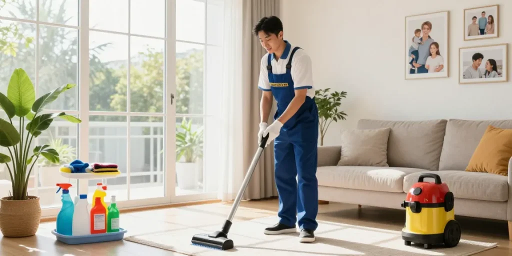 Professional cleaner at atscleaning.co.uk dusting a bright living room, showcasing a clean and inviting home atmosphere.
