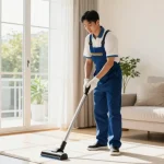 Professional cleaner at atscleaning.co.uk dusting a bright living room, showcasing a clean and inviting home atmosphere.