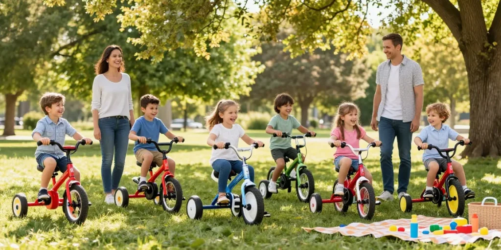 Kids enjoying the best kids tricycles in a sunny park, showcasing vibrant colors and happy moments.