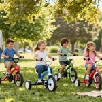 Kids enjoying the best kids tricycles in a sunny park, showcasing vibrant colors and happy moments.