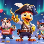 Toto togel gaming adventure with a pirate captain, bulldog, and cat surrounded by arcade elements.