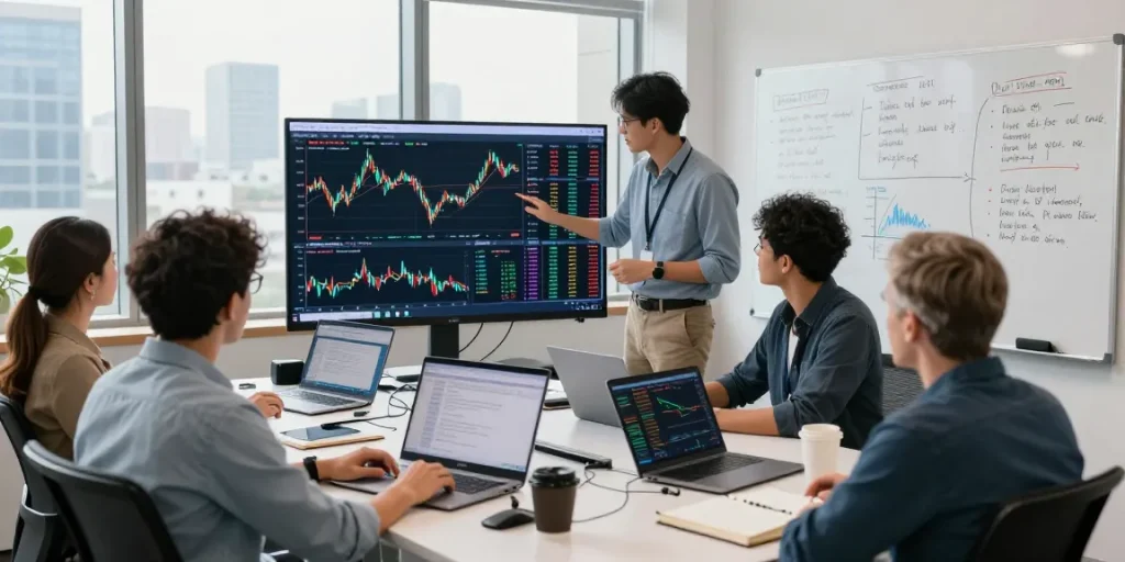 Team analyzing financial strategies with MetaTrader 5 in a modern office setup.