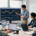 Team analyzing financial strategies with MetaTrader 5 in a modern office setup.