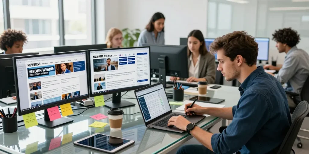 The In Daily newsroom at https://www.theindaily.com with journalists collaborating on breaking news stories in a vibrant environment.