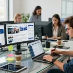 The In Daily newsroom at https://www.theindaily.com with journalists collaborating on breaking news stories in a vibrant environment.